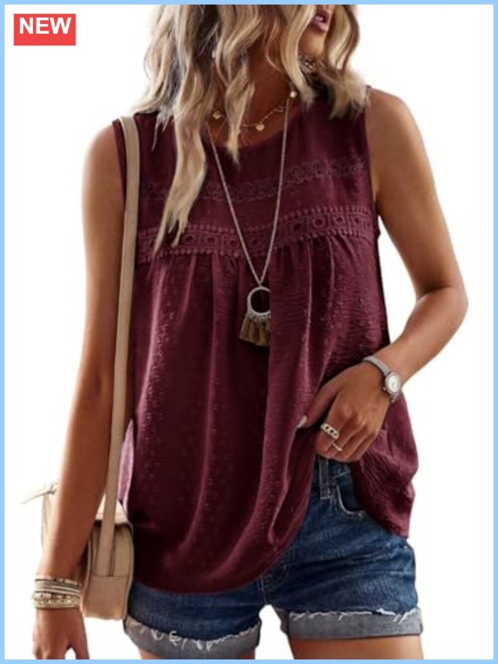 Women's Sleeveless Tank Top Swiss Dots Lace Trim Boho Blouse